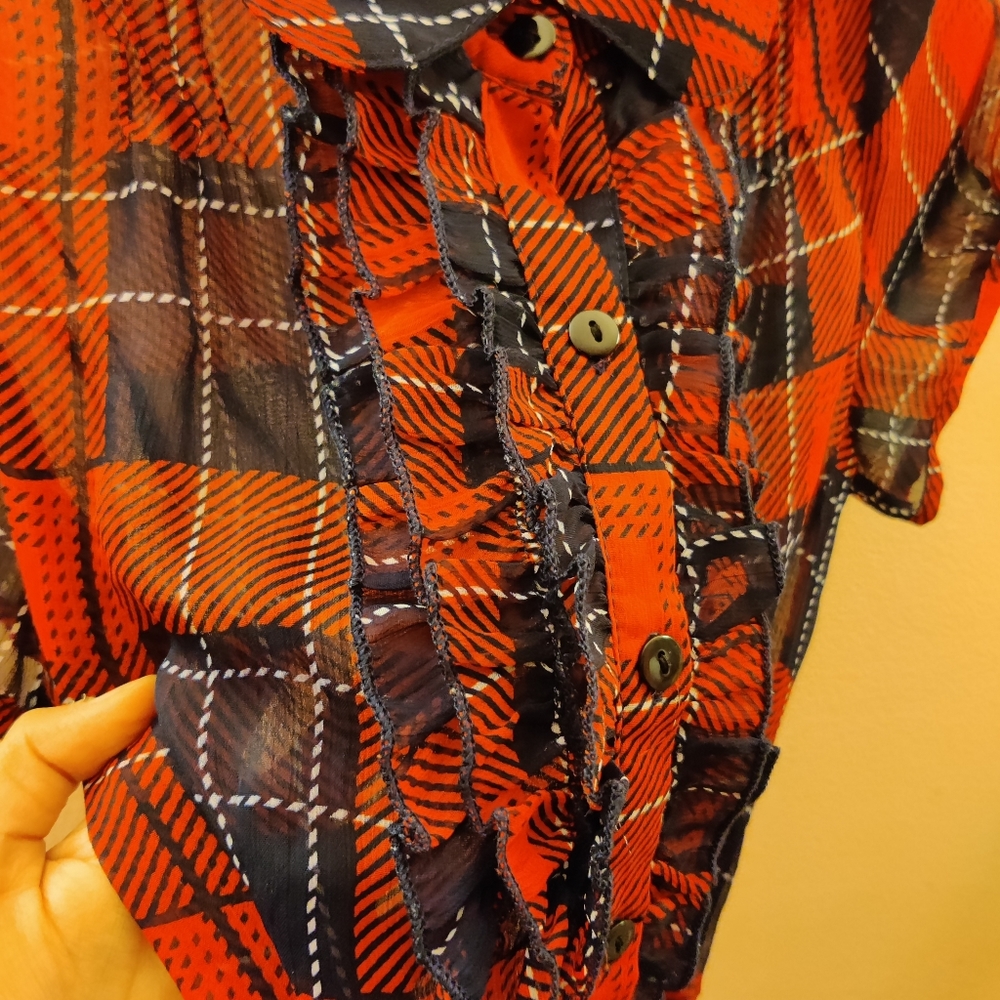 Puff sleeve ruffle color checkered chiffon dress